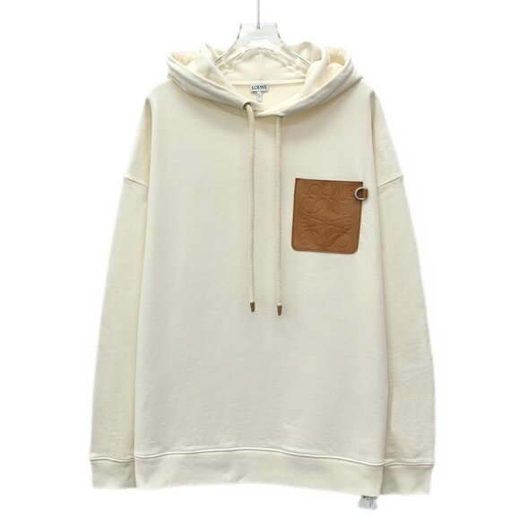 Loewe Beige Logo Leather Patch Cotton Hooded Drawstring Long Sleeve Sweatshirt